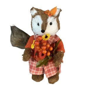 Rustic Woodland Fox Figurine Decor Plaid Dress Fall Flowers 9” Faux Fur Tail NEW